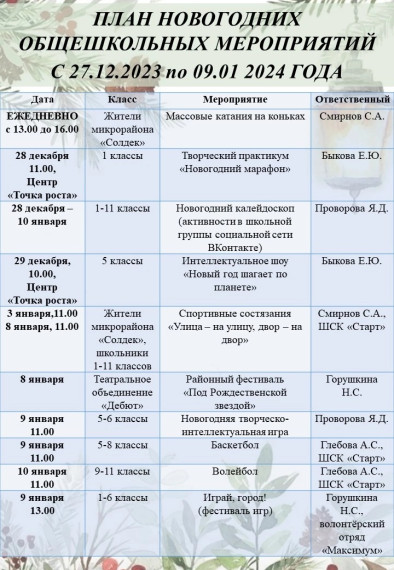 План новогодних общешкольных мероприятий с 15.12 по 27.12. 2023.